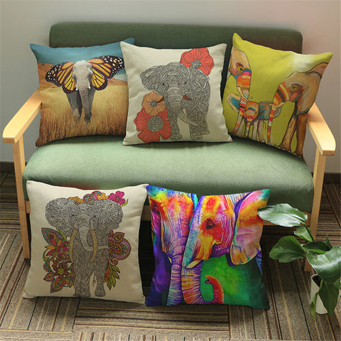 Wholesales Linen Cotton Cushion Cover Colorful Animal Elephant Pillow Cover Home Decorative Pillow Case 45x45cm