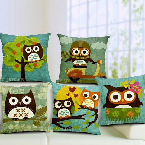 Linen Cotton Square Cushion Cover 45*45cm Printed Colorful Animal Cartoon Owl Decorative Sofa Pillow Case Home Decor BZT-2